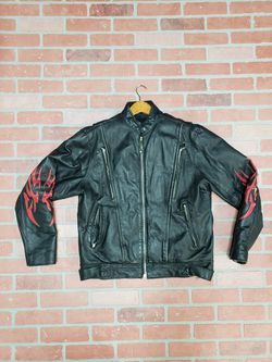 Men’s Black Racer Style Motorcycle Jacket with Red Flame Inserts on the Back & Sleeves