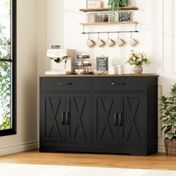 Buffet Cabinet with Storage, 47.2" Kitchen Sideboard Buffet with Drawers, Modern Farmhouse Coffee Bar Station with Shelves, Barn Doors Stor
