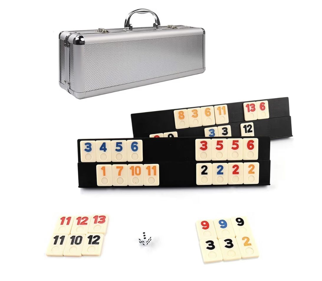 106 Rummy Tiles Game, Rummy Cube Sets Travel Game Outlasting Color with Aluminum Case & 4 Anti-Skid Durable Trays