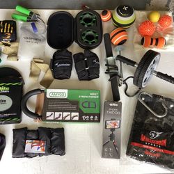 Preowned Gym / Exercise Equipment Leg Weights, Fascia Balls, AB Roller Phone Tripod, Barbell Collars, Hanging AB Sling etc.