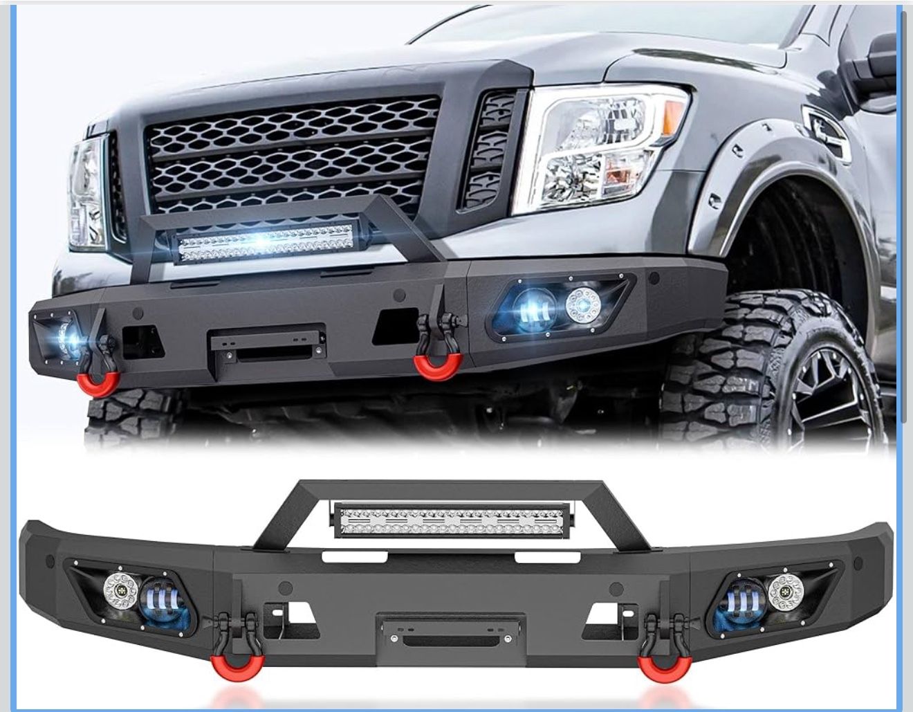 for Titan Pickup Truck Full Width Front Bumper Compatible with 2016-2024 Nissan Titan (Excluding TITAN XD) with 5 x LED Lights, Winch Plate, License P