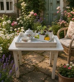 V. STURDY Indoor Outdoor Garden Tea Coffee End Side Table Original Vintage Distressed Egg White Chippy Paint Shabby Chic Art Artisan Kitsch Whimsey