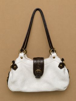 Sophia Visconti White Pebbled Leather Shoulder Bag Brown Trim Brass Hardware Green Lining