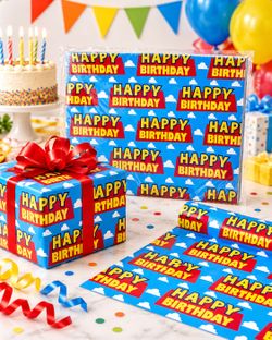 Happy Birthday Wrapping Paper 8 Sheets 20x28 Blue Sky Cloud Party Gift Wrap New