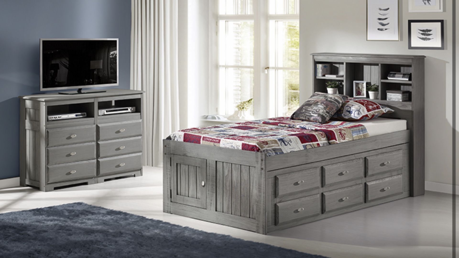 Solid Wood Captain Bed W/Trundle and Drawers