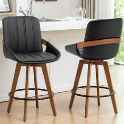 AQG Counter Stools Set of 2, 26.3 Inch Mid Century Modern Counter Height Bar Chairs, Swivel Barstools with Walnut Craft, Faux Leather Upholstered Furn