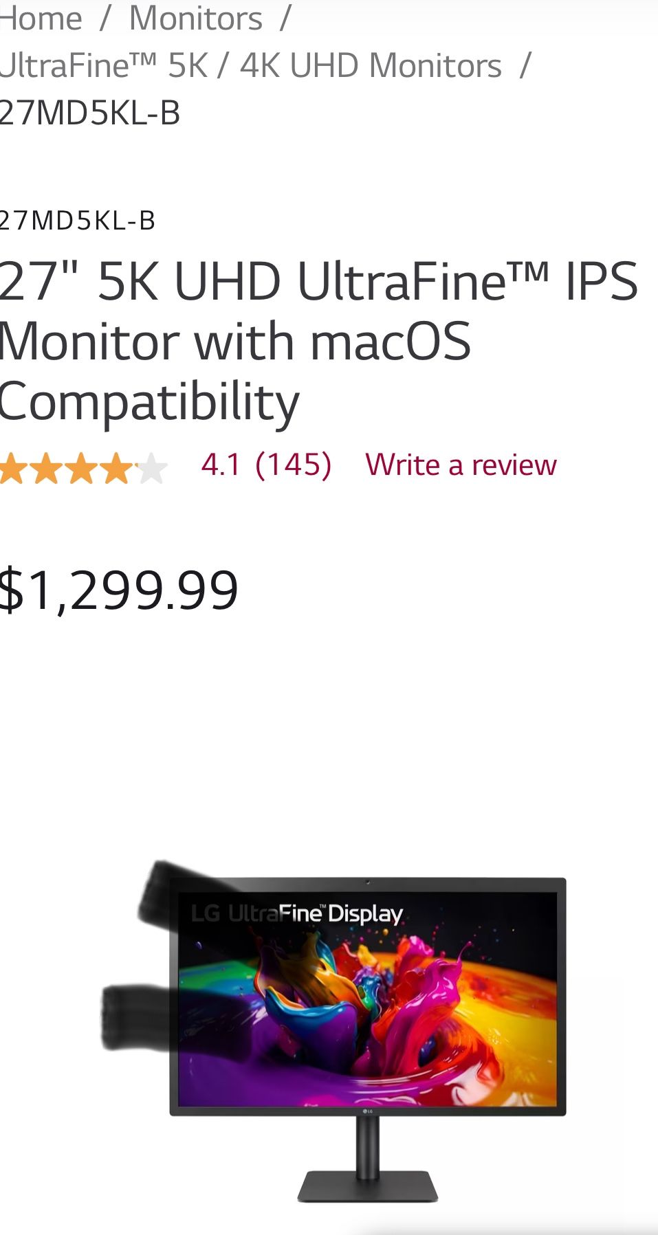LG 27” 5K ULTRAFINE 27MD5KL-B MacOS Computer Monitor Gaming 8k hd Laptop