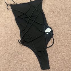 New Small Black Bodysuit One Piece Festival Rave Boho Outfit Lingerie Topb