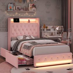 Pink Twin Bed Frame with Light & Charge Station, Upholstered Bed with Storage Dr