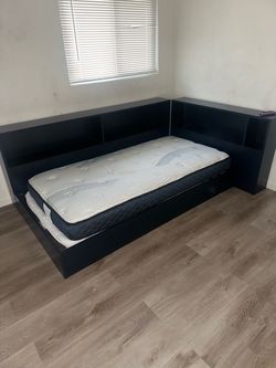 Blue Twin Platform Bed with Bookcase Headboard