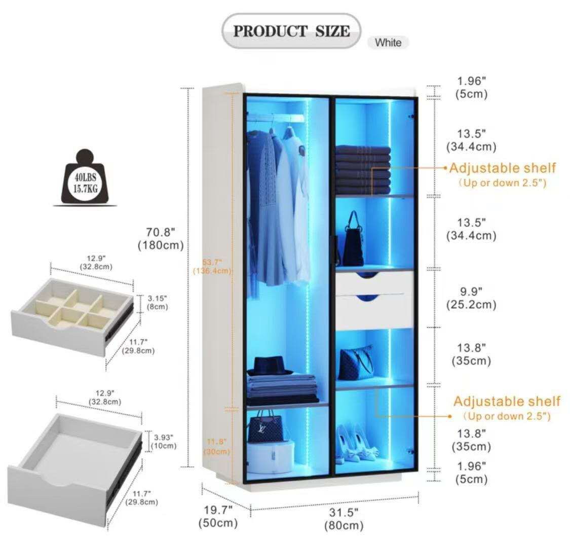 🥨Wardrobe Closet with 2 Glass Doors and LED Lights.Wardrobe Closet with 3 Drawers and Hanging Rail, Clothing Organizer for Bedroom White 