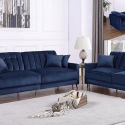 New Blue Velvet Sofa And Love Seat Ser For Sale