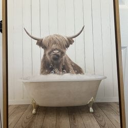 Adorable Highland Cow In Bathtub Framed Canvas