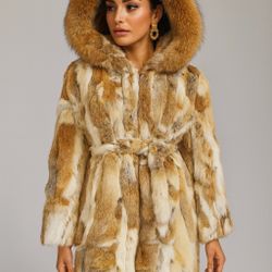 Vintage Genuine Real rabbit fur coat with big raccoon fur hood