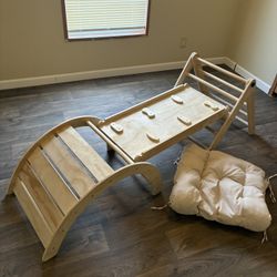 Wooden Pikler Triangle Set w/ Rocker Arch, Slide/Climber Ramp & Cushion