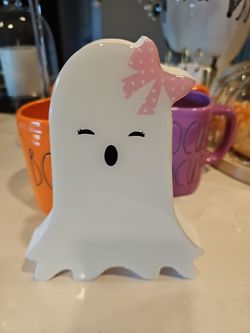 Ceramic Ghost Halloween Figurine with Pink Bow