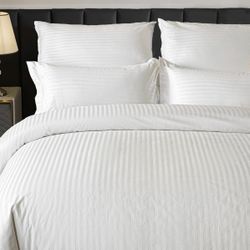 New Cotton Hotel Bedding Duvet Cover Queen Size White Satin Pin Striped With Zipper 
