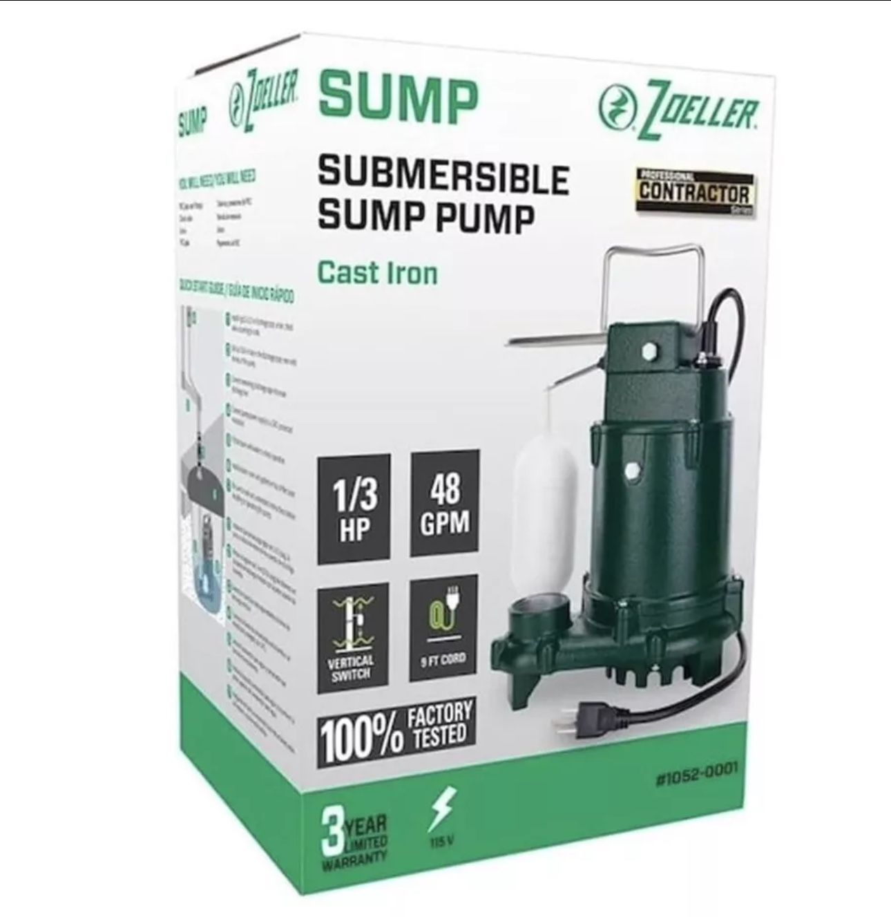 Zoeller 1/3 HP Cast Iron Submersible Sump Pump - Green (1073-0001)