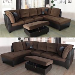 Brown microfiber sectional couch and ottoman