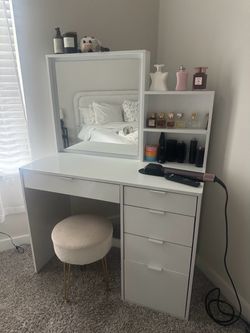 White Vanity Desk with Mirror and Drawers