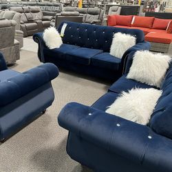New Tufted 3 Piece Living Room Set .  Blue Or Black Velvet .  Free Delivery !