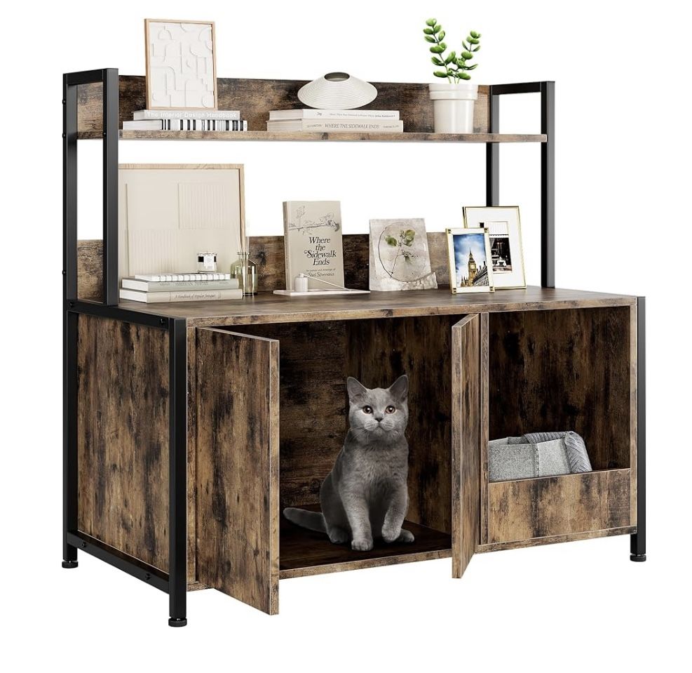 Litter Box Enclosure, Cat Litter Box Furniture with Removable Divider, Large Hidden Litter Box Furniture, Wooden Cat House, End Side Table, Rustic Bro