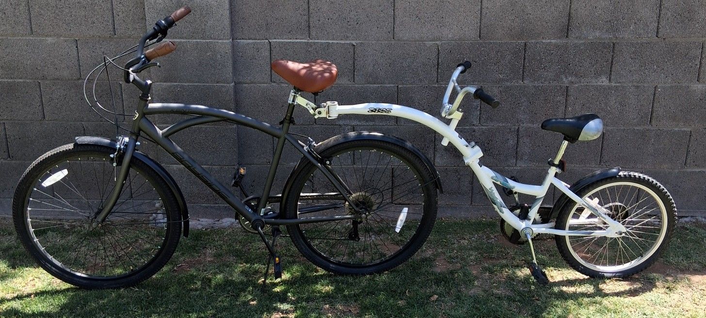 Kent 26" Bayside Men's cruiser bike and WeeRide 20" Copilot kids trailer bike 
