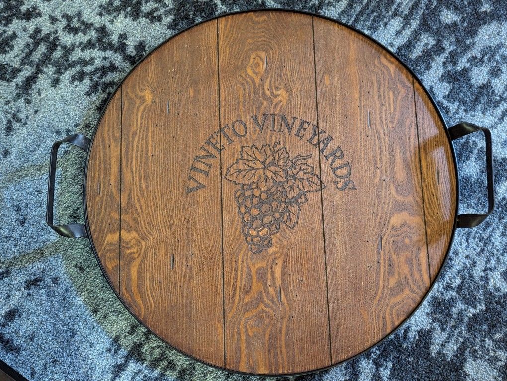 Round wooden wine barrel tray with metal handles