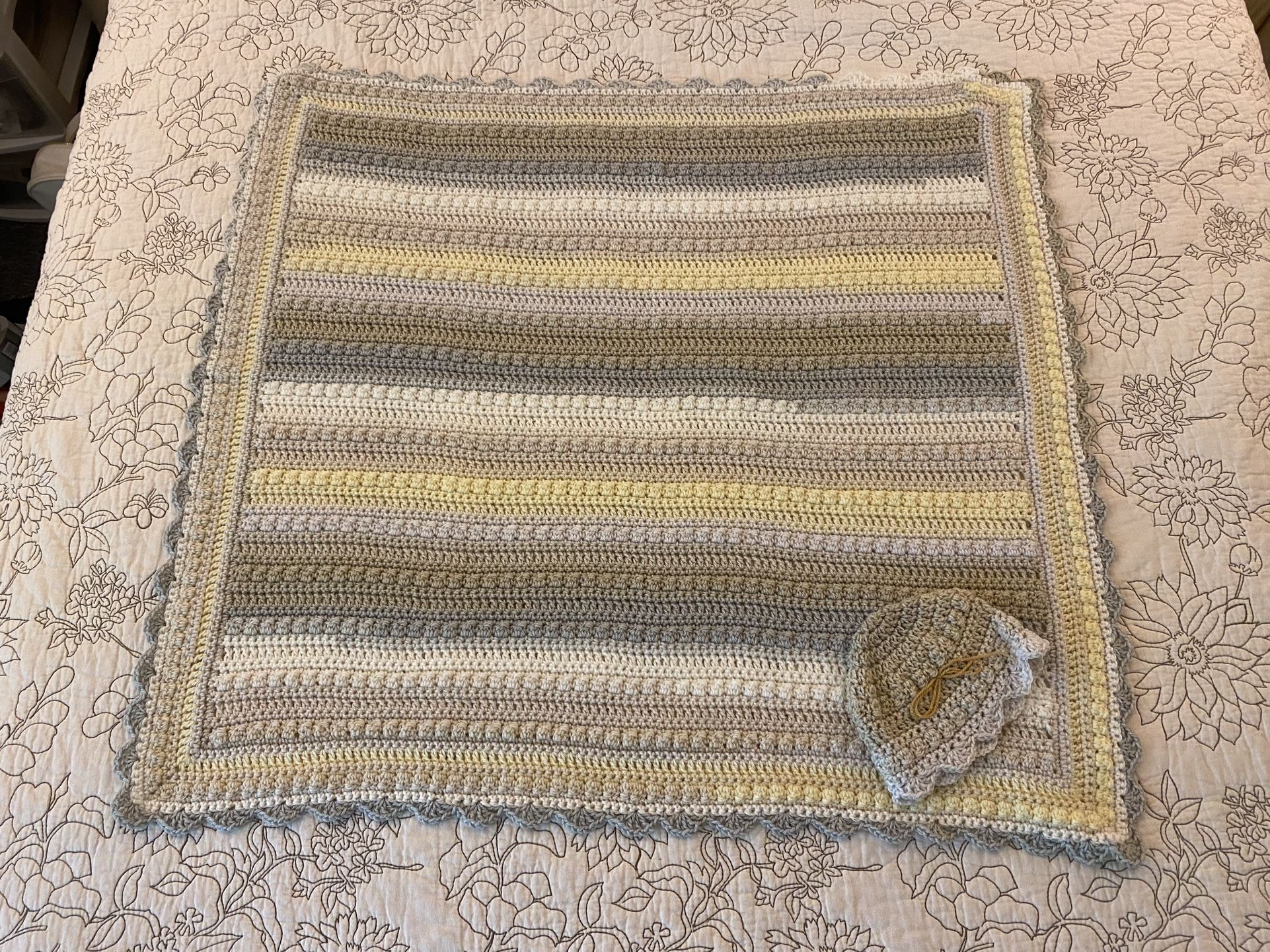 Newly Hand-Crocheted Baby Afghan with Hat