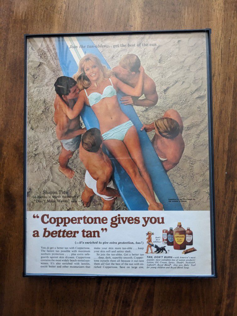 Vintage Sharon Tate 1967 Coppertone Advertisement. Mason Murders Oddities. MCM. Framed Behind Glass. Pick Up Lemon Grove.