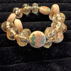 Vintage 925 Sterling Silver & Ceramic Oriental Hand Painted Beads Coil Bracelet 