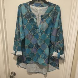 Blue Moroccan Print Tunic Size 3X 