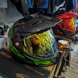 Motorcycle helmet adventure style flip up with a gold visor size large special summer deal $150