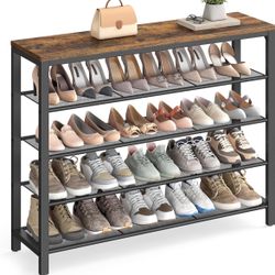 Shoe Rack, 5-Tier Shoe Storage Organizer with 4 Metal Mesh Shelves for 16-20 Pairs and Large Surface for Bags, for Entryway, Hallway, Closet, Industri