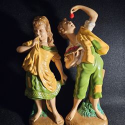 Rare Vintage Atlantic Mold Figurines, Boy & Girl Peasant Kids. Cir: 1(contact info removed) Hand Painted Plaster.