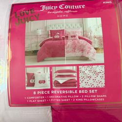 Juicy Couture King 8-Piece Reversible Bed Set White Pink Cherry New