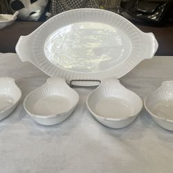 Vintage white ceramic ribbed serving platter and 4 small dishes. 