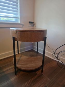 Round Wood and Metal Side Table with Drawer