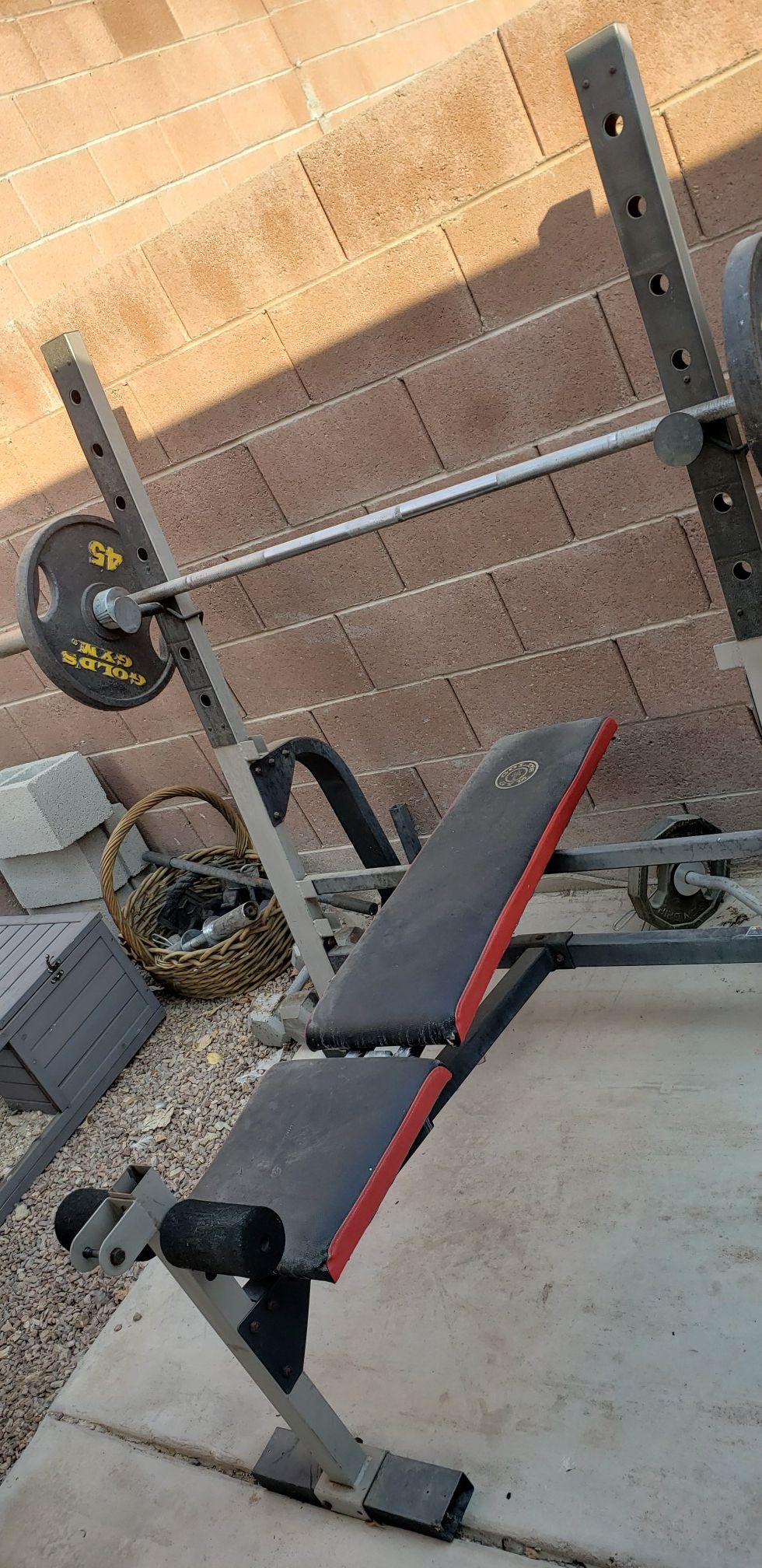 Home gym weight bench and plates