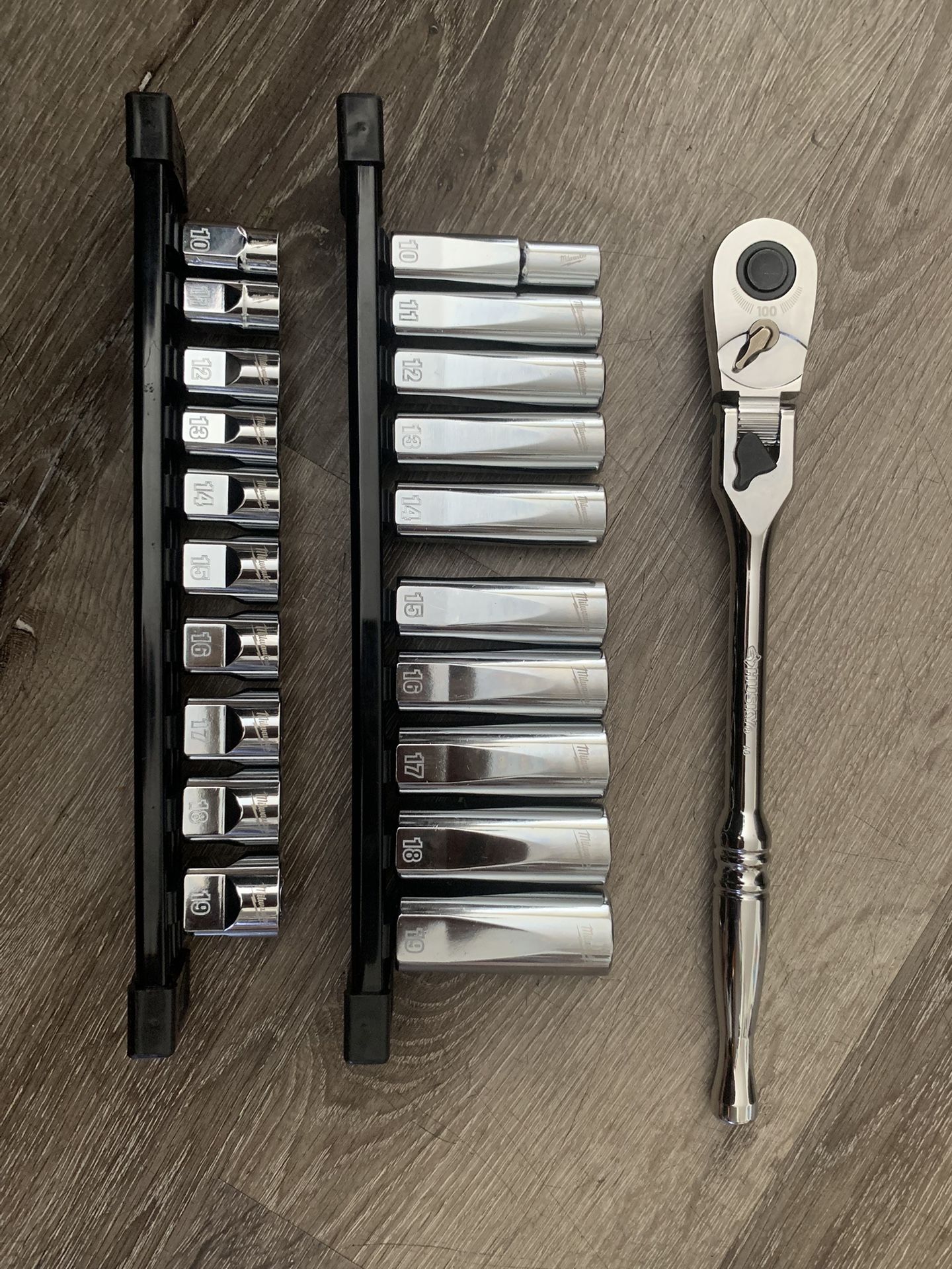 Milwaukee 3/8 20 Sockets/Husky 3/8 Locking Flex Head Ratchet