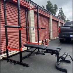 Brand New Power Cage Combo With Fully Adjustable Bench And Olympic Weight Set With Barbell And Clips 