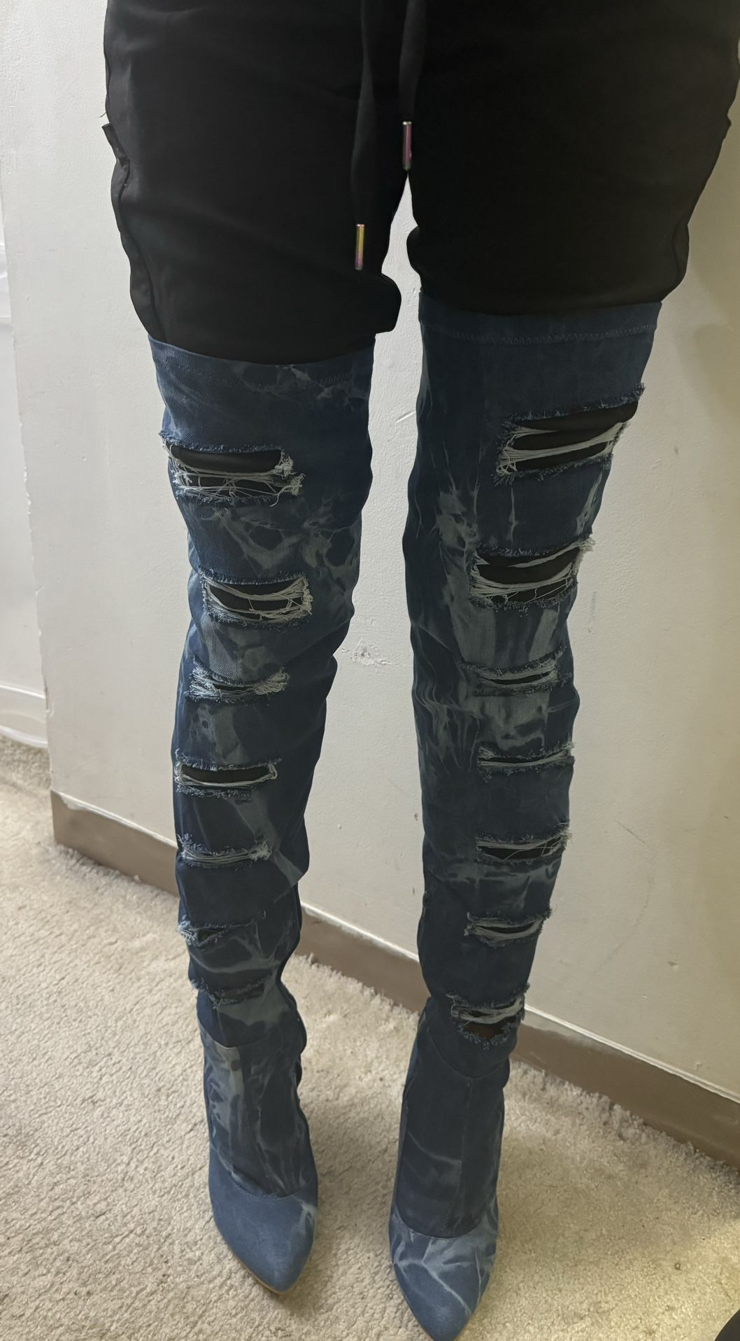 Denim Cut Out Thigh High Boots