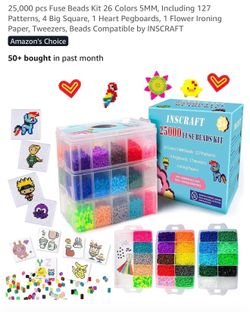 25,000 pcs Fuse Beads Kit 26 Colors 5MM, Including 127 Patterns, 4 Big Square, 1 Heart Pegboards, 1 Flower Ironing Paper, Tweezers, Beads Compatible b