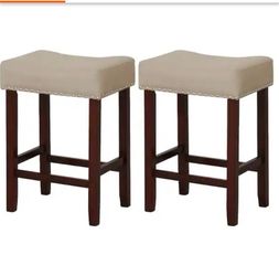 25 in. Beige Backless Wood Bar Stool Counter Height Saddle Kitchen Chairs with Wooden Legs Set of 2