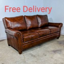 Randall Allan Leather Sofa Couch With Nail Head Studded Trim