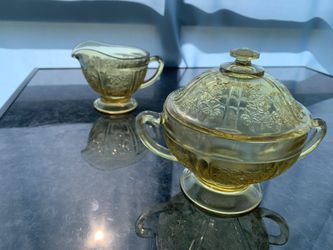 Federal Glass Amber “Sharon” Cabbage Rose Creamer & Lifded Sugar Bowl With Lid