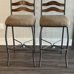 Two Bar Stools - Fabric Seats - Oak Slats 