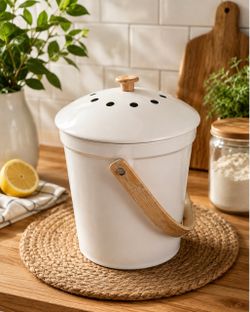 Vintage-Style White Enamel Kitchen Canister with Wooden Handle