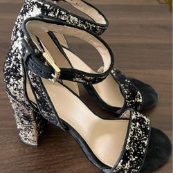 BOTKIER Heels Womens 6.5 Black Suede Glitter Gianna Ankle Strap Sandal