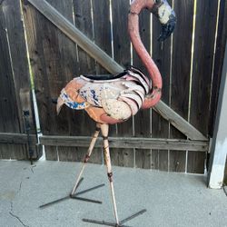 Signed Massive Artisan AARON JACKSON FLAMINGO Metal Sculpture Yard Decor Landscape Folk Art Planter